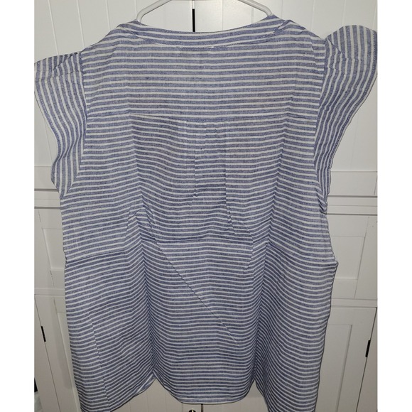 LLove Striped Embroidered Floral Top Blouse Blue White V Neck Cap Sleeve Size L - Picture 4 of 5